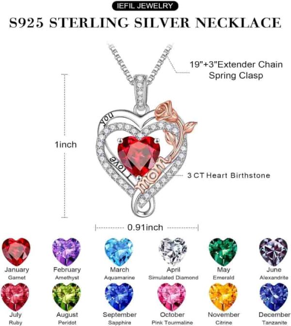 Iefil Sterling Silver Birthstone Necklace - Heart Pendant Gift – Image 5