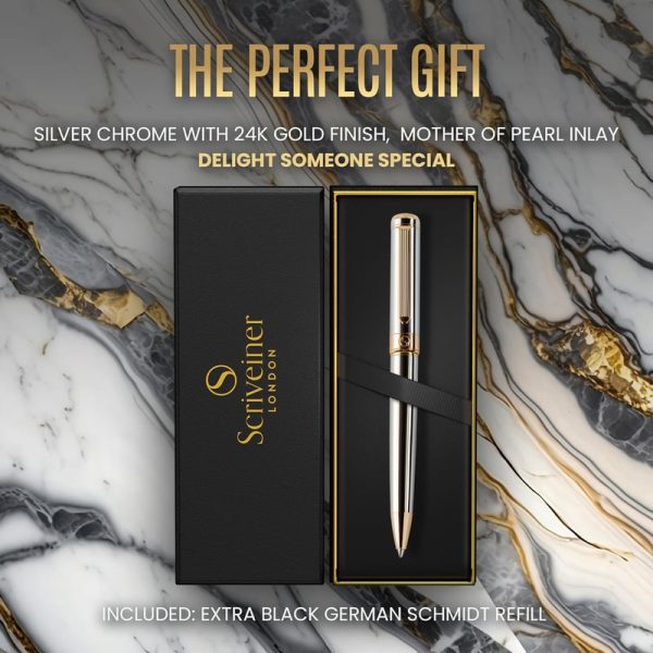 Luxury Scriveiner Silver Chrome Ballpoint Pen With 24k Gold Finish - Imagen 2