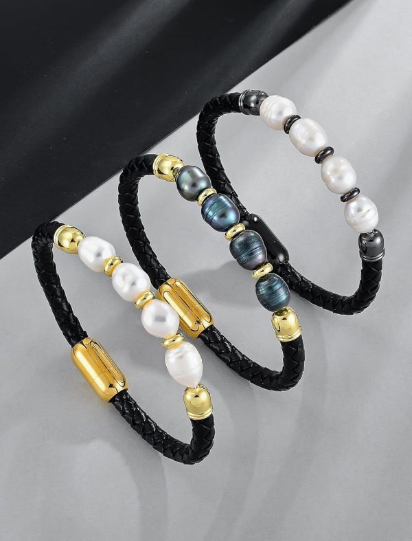 Best Freshwater Pearl Leather Bracelet - Stylish Men's Jewelry Gift - immagine 5