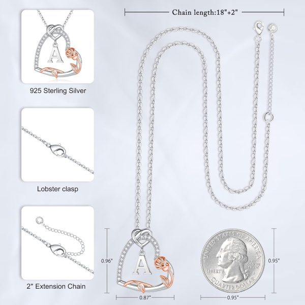 925 Sterling Silver Rose Heart Necklace With Initial - Perfect Gift For Women - Imagen 4