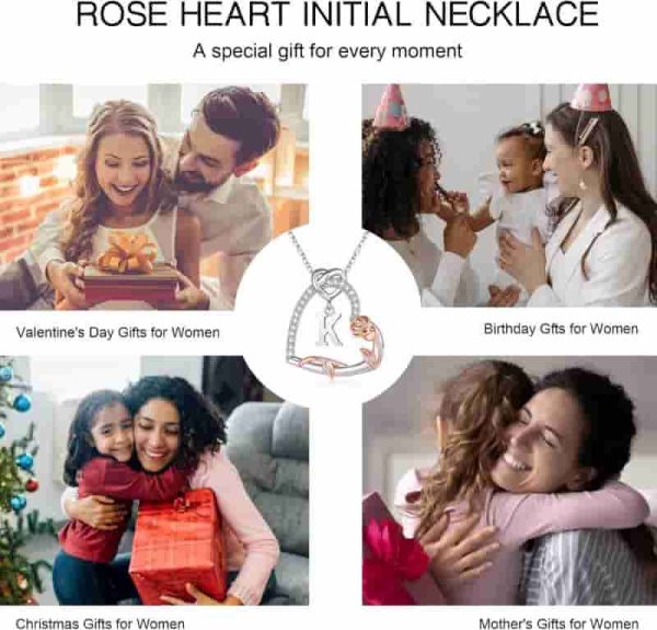 925 Sterling Silver Rose Heart Necklace With Initial - Perfect Gift For Women - Imagen 5