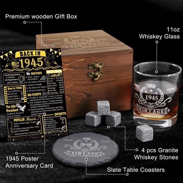 Vintage 1945 Whiskey Glass Set - Perfect 80th Birthday Gift For Men - 画像 (3)