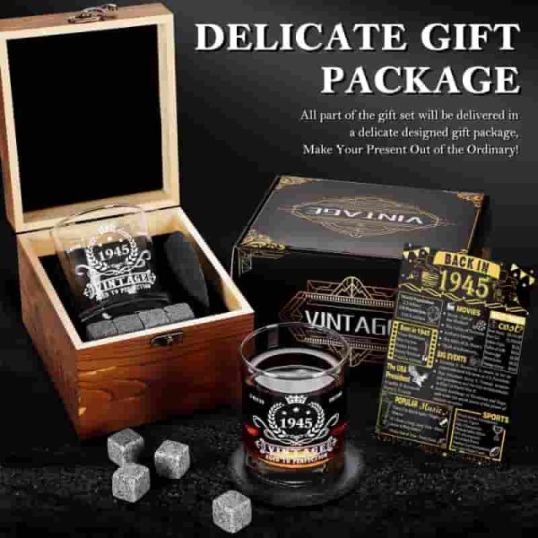 Vintage 1945 Whiskey Glass Set - Perfect 80th Birthday Gift For Men - 画像 (5)