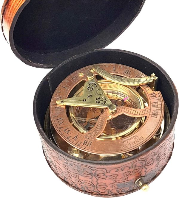 Best Antique Brass Nautical Sundial Compass & Clock In Gift Box - Imagem 3