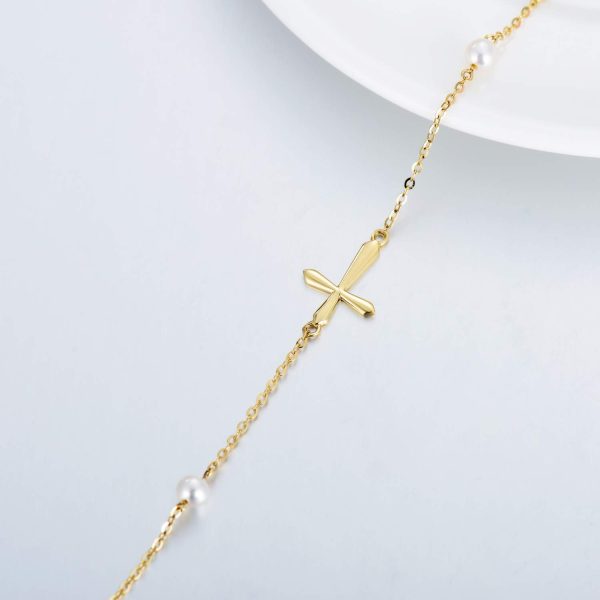 14k Gold Pearl Cross Bracelet For Women - Best Confirmation Gift – Image 2