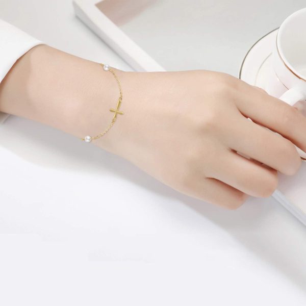 14k Gold Pearl Cross Bracelet For Women - Best Confirmation Gift – Image 3