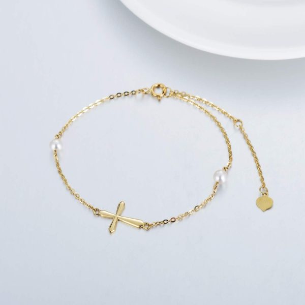 14k Gold Pearl Cross Bracelet For Women - Best Confirmation Gift – Image 4