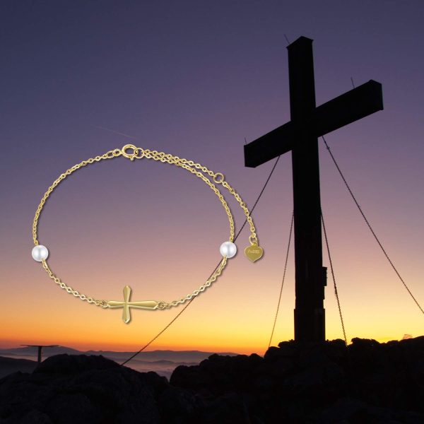 14k Gold Pearl Cross Bracelet For Women - Best Confirmation Gift – Image 5