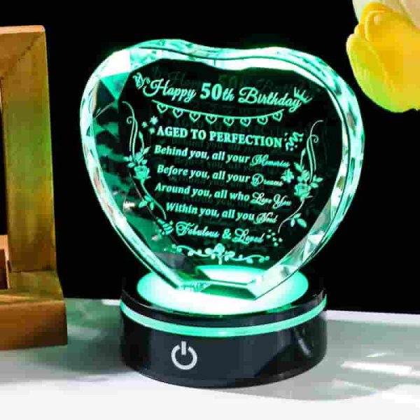 Best 50th Birthday Gift – Crystal Heart With Light Base For Women & Men - Imagen 3