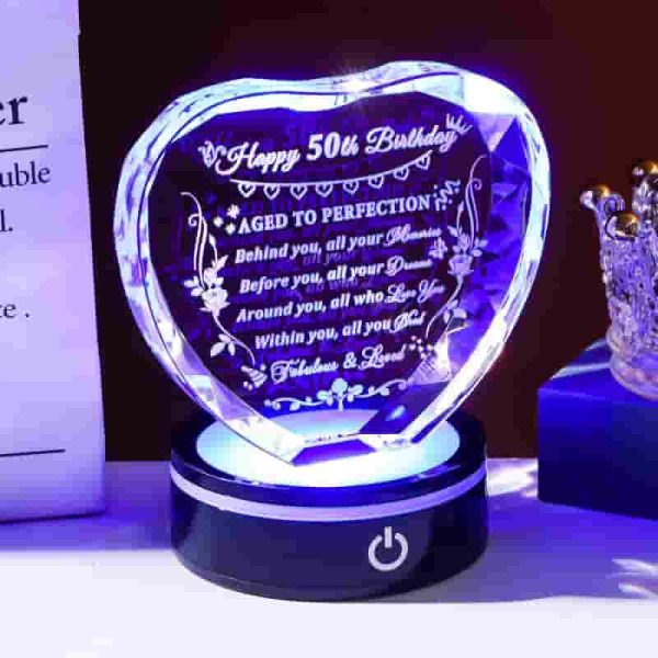 Best 50th Birthday Gift – Crystal Heart With Light Base For Women & Men - Imagen 4
