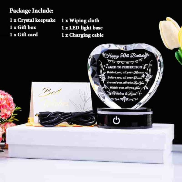 Best 50th Birthday Gift – Crystal Heart With Light Base For Women & Men - Imagen 6