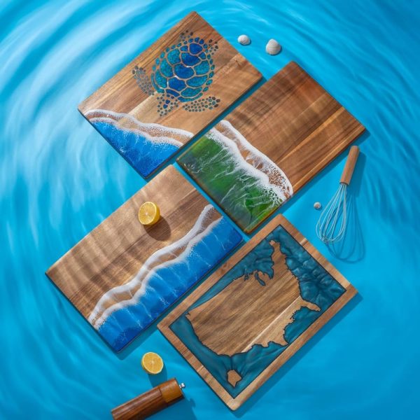 Ocean-themed Acacia Wood Cheese Board With Resin Wave Design - Imagem 3