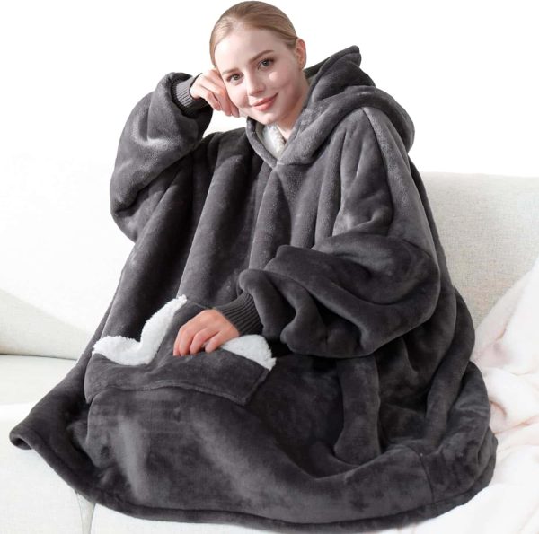 Warm Cozy Grey Sherpa Fleece Wearable Blanket Hoodie
