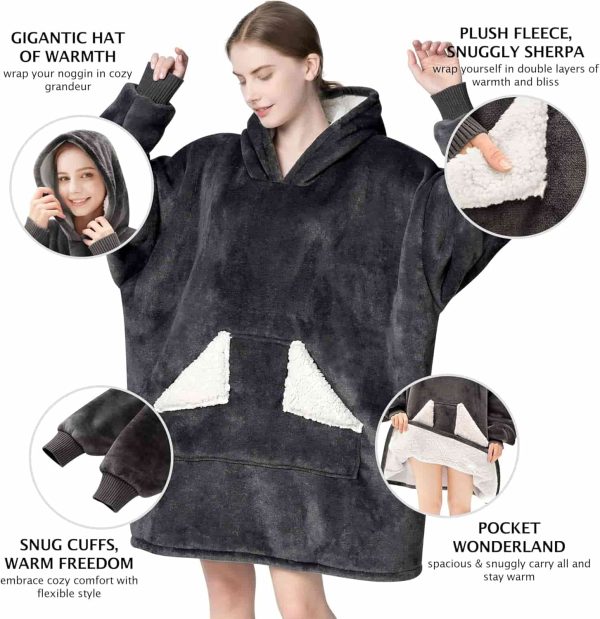 Warm Cozy Grey Sherpa Fleece Wearable Blanket Hoodie - Imagen 3
